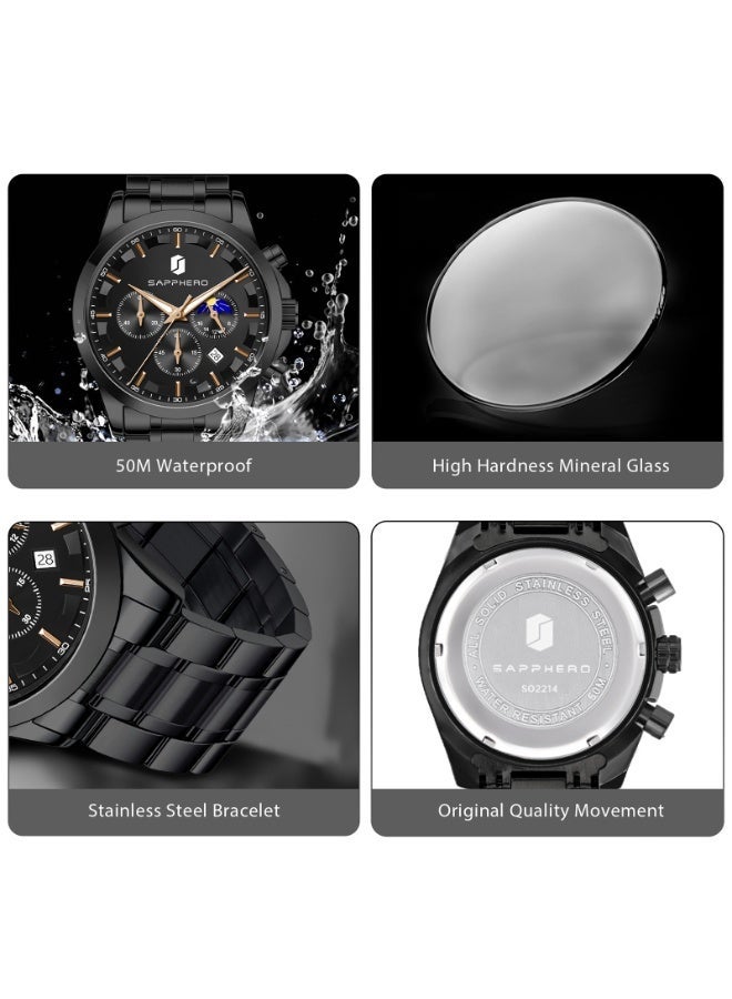 SAPPHERO Chronograph Watches for Men, Original Business Casual Stainless Steel Analog Watch 50M Waterproof Luminous Watches with Date Dial, Mens Gift - Image 4