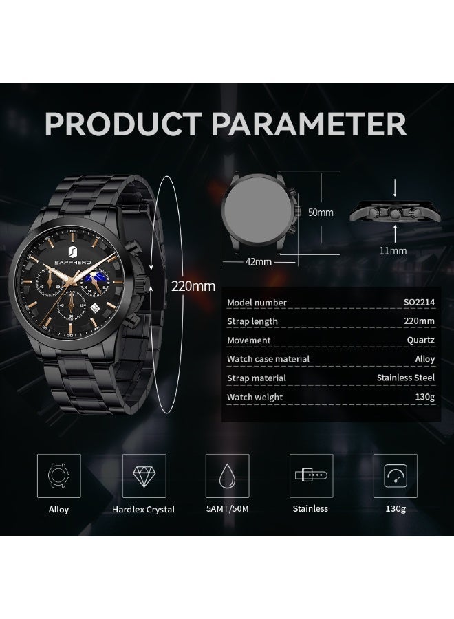 SAPPHERO Chronograph Watches for Men, Original Business Casual Stainless Steel Analog Watch 50M Waterproof Luminous Watches with Date Dial, Mens Gift - Image 3