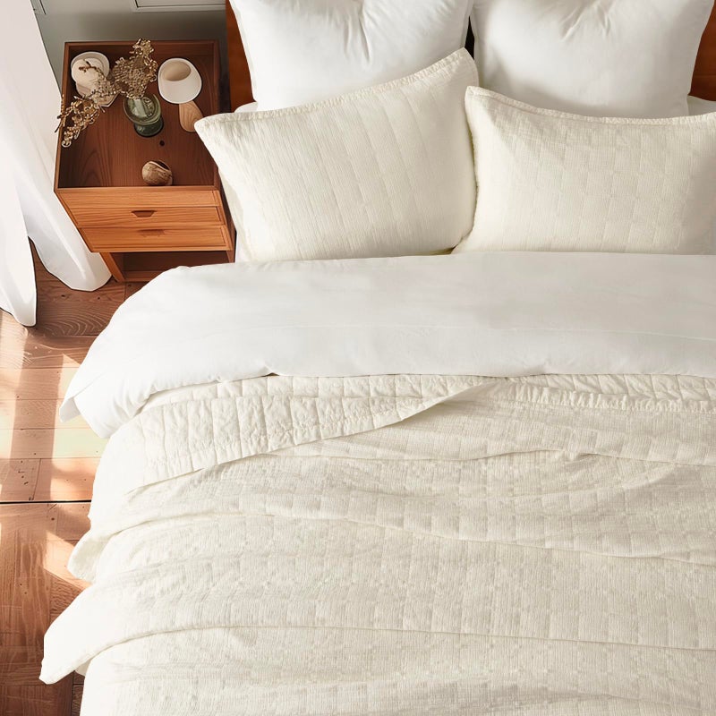 EVERGRACEHOME Stonewashed Cotton Quilt Set King Size, Ultra Soft Oversized Bedspread Coverlet Set, Lightweight Crinkle Box Stitch Bedding Sets for All Season, with 2 Shams, Ivory White - Image 2