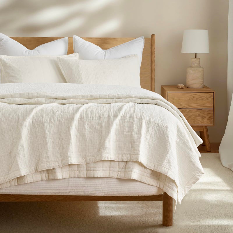 EVERGRACEHOME Stonewashed Cotton Quilt Set King Size, Ultra Soft Oversized Bedspread Coverlet Set, Lightweight Crinkle Box Stitch Bedding Sets for All Season, with 2 Shams, Ivory White - Image 1