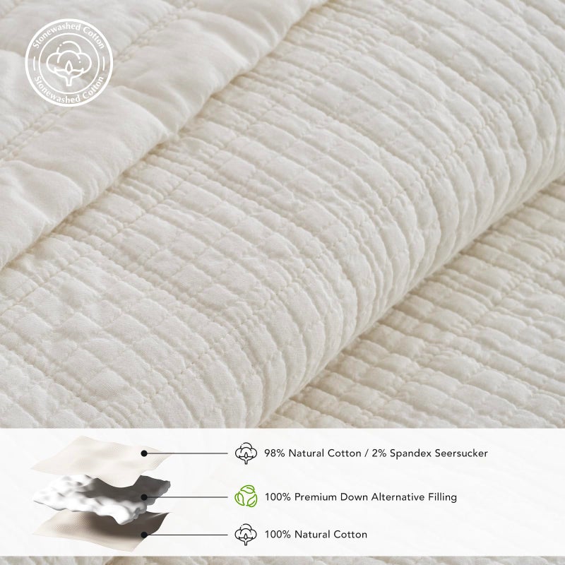 EVERGRACEHOME Stonewashed Cotton Quilt Set King Size, Ultra Soft Oversized Bedspread Coverlet Set, Lightweight Crinkle Box Stitch Bedding Sets for All Season, with 2 Shams, Ivory White - Image 5
