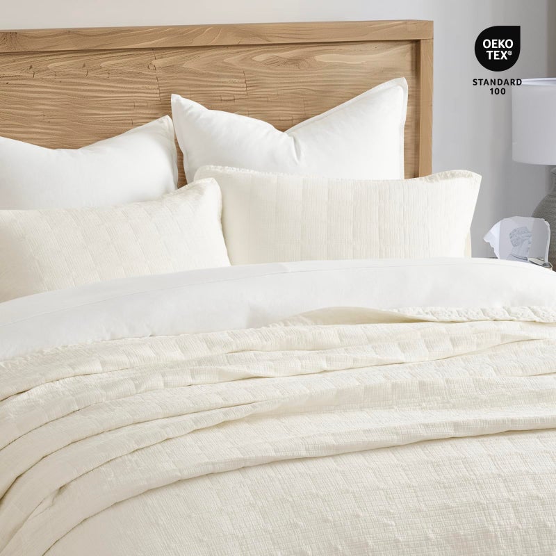 EVERGRACEHOME Stonewashed Cotton Quilt Set King Size, Ultra Soft Oversized Bedspread Coverlet Set, Lightweight Crinkle Box Stitch Bedding Sets for All Season, with 2 Shams, Ivory White - Image 4