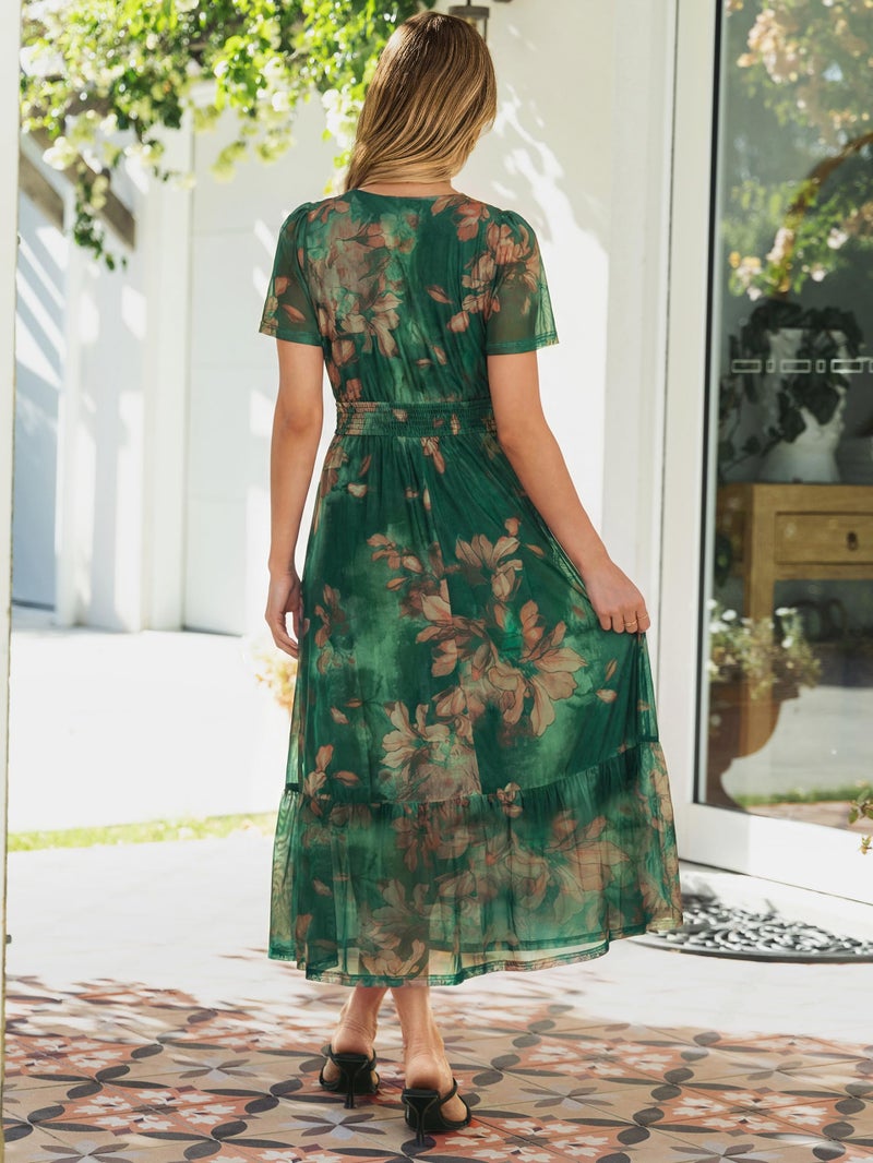 Simplee Womens Floral Boho Maxi Dress - Spring Summer Beach Church Formal Tea Party Dresses Casual Elegant Semi Formal Flowy Dress (Dark Green Floral M) - Image 5