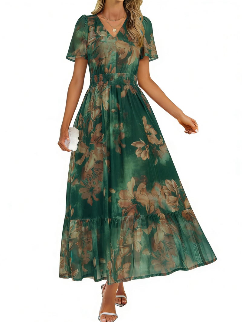 Simplee Womens Floral Boho Maxi Dress - Spring Summer Beach Church Formal Tea Party Dresses Casual Elegant Semi Formal Flowy Dress (Dark Green Floral M) - Image 1