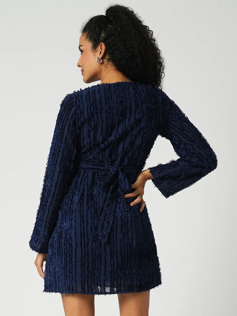 globus Women Blue Self Textured Wrap V-Neck Sheath Mini Party Dress