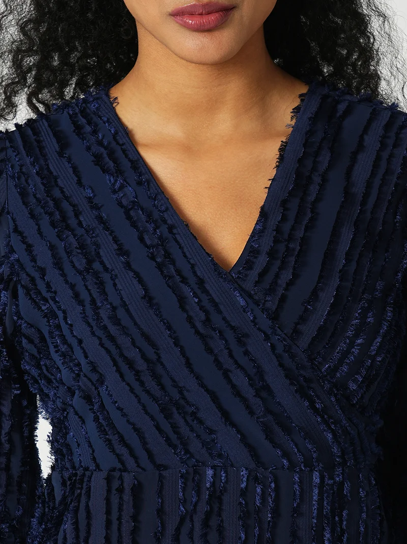 globus Women Blue Self Textured Wrap V-Neck Sheath Mini Party Dress