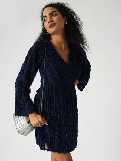 globus Women Blue Self Textured Wrap V-Neck Sheath Mini Party Dress