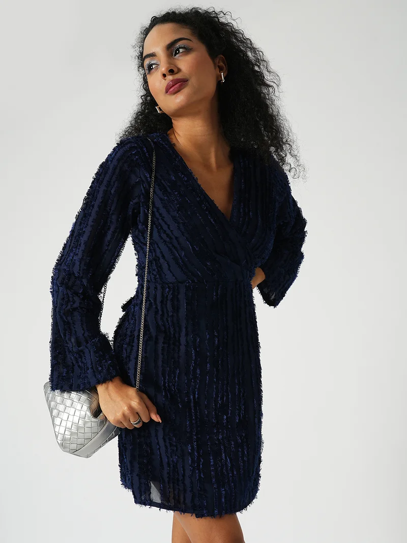 globus Women Blue Self Textured Wrap V-Neck Sheath Mini Party Dress