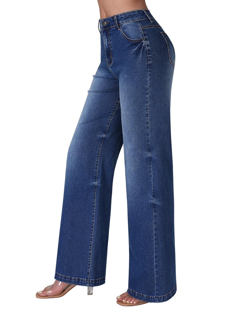 roswear Women's Wide Leg Jeans High Waisted Stretchy Denim Trouser Pants Blue X-Large - Image 2