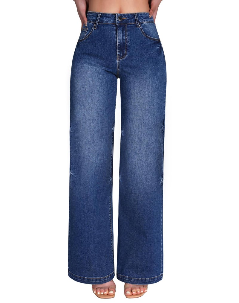 roswear Women's Wide Leg Jeans High Waisted Stretchy Denim Trouser Pants Blue X-Large - Image 1