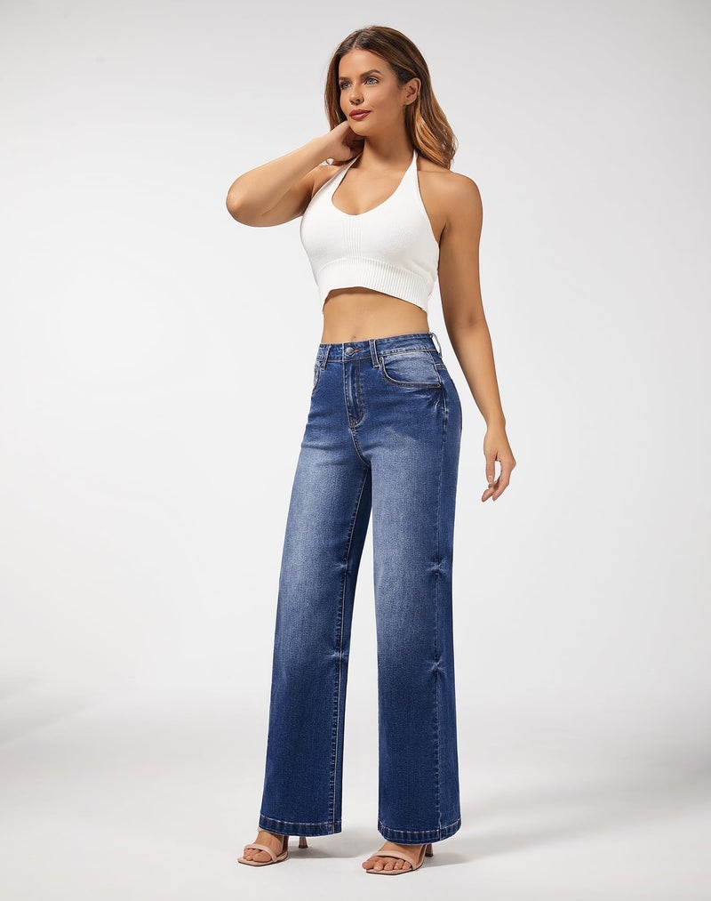 roswear Women's Wide Leg Jeans High Waisted Stretchy Denim Trouser Pants Blue X-Large - Image 3