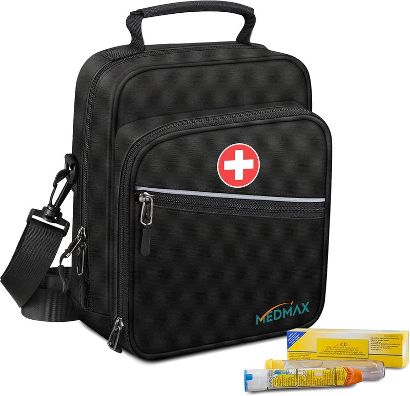 MEDMAX Insulin Cooler EpiPen Carrying Case Insulated Travel Medication Diabetes Supplies Organizer Bag with Shoulder Strap for Asthma Inhaler AuviQ Allergy Medicine Essentials Black - Image 1
