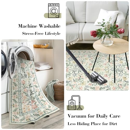 Wonnitar Washable Area Rugs 5x7, Soft Floral Bedroom Area Rug, Washable Carpet 5x7 Non Slip, Boho Flower Print Beige Carpets for Living Room Bedside Dining Room - Image 4