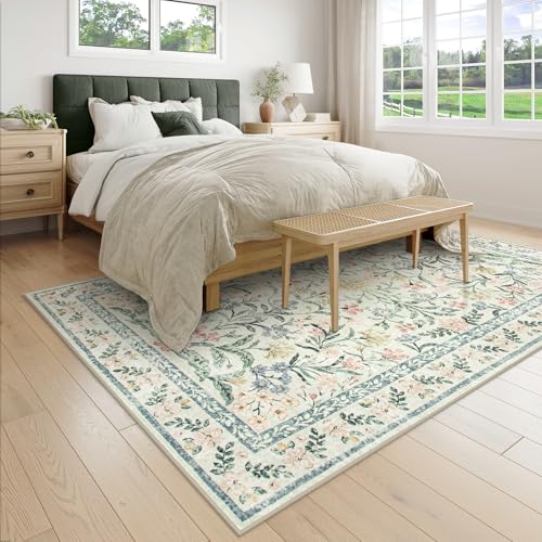 Wonnitar Washable Area Rugs 5x7, Soft Floral Bedroom Area Rug, Washable Carpet 5x7 Non Slip, Boho Flower Print Beige Carpets for Living Room Bedside Dining Room - Image 3