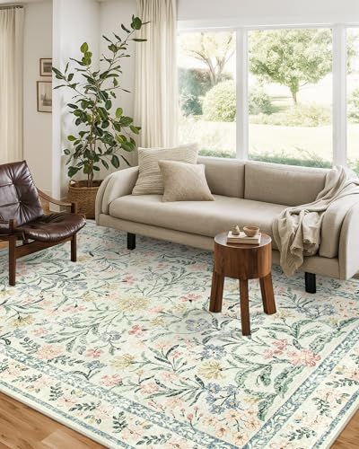 Wonnitar Washable Area Rugs 5x7, Soft Floral Bedroom Area Rug, Washable Carpet 5x7 Non Slip, Boho Flower Print Beige Carpets for Living Room Bedside Dining Room - Image 2