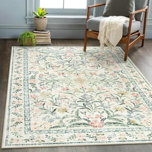 Wonnitar Washable Area Rugs 5x7, Soft Floral Bedroom Area Rug, Washable Carpet 5x7 Non Slip, Boho Flower Print Beige Carpets for Living Room Bedside Dining Room - Image 1
