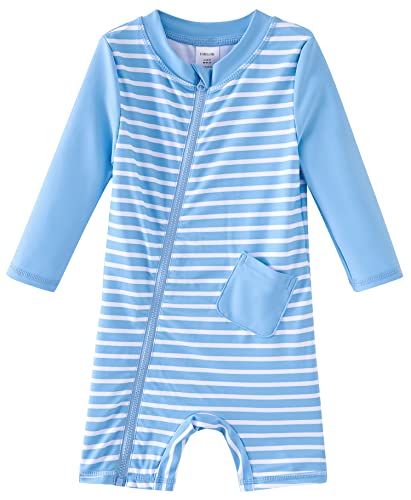 UMELOK Toddler Boys Swimsuit One Piece Full Zip with Long Sleeve UPF 50 Sun Protection Swimwear Rash Guard Shirts Sky BlueStripe18M - Image 1