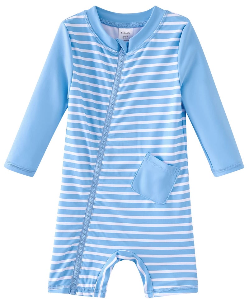 UMELOK Toddler Boys Swimsuit One Piece Full Zip with Long Sleeve UPF 50 Sun Protection Swimwear Rash Guard Shirts Sky BlueStripe18M - Image 2