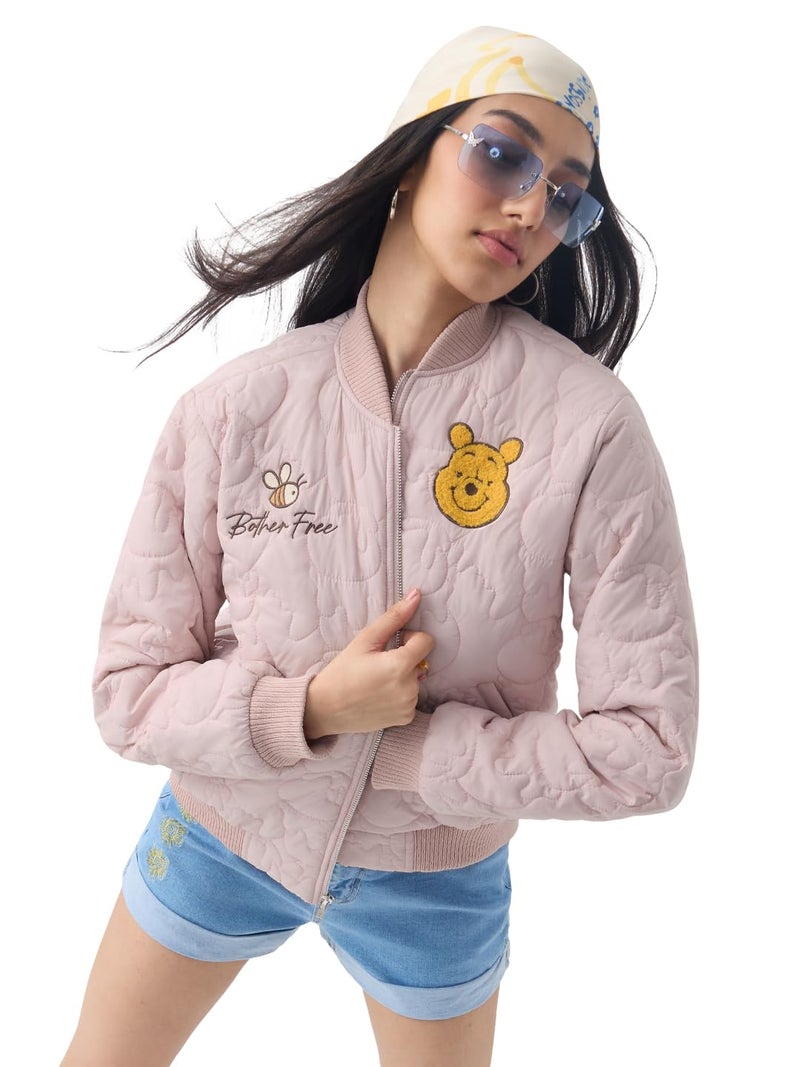 The Souled Store Disney: Bother Free Women and Girls Full Sleeves Spread Collar Quilted Embroidered Polyester Regular Fit Lightweight Casual Bomber Jacket - Image 1