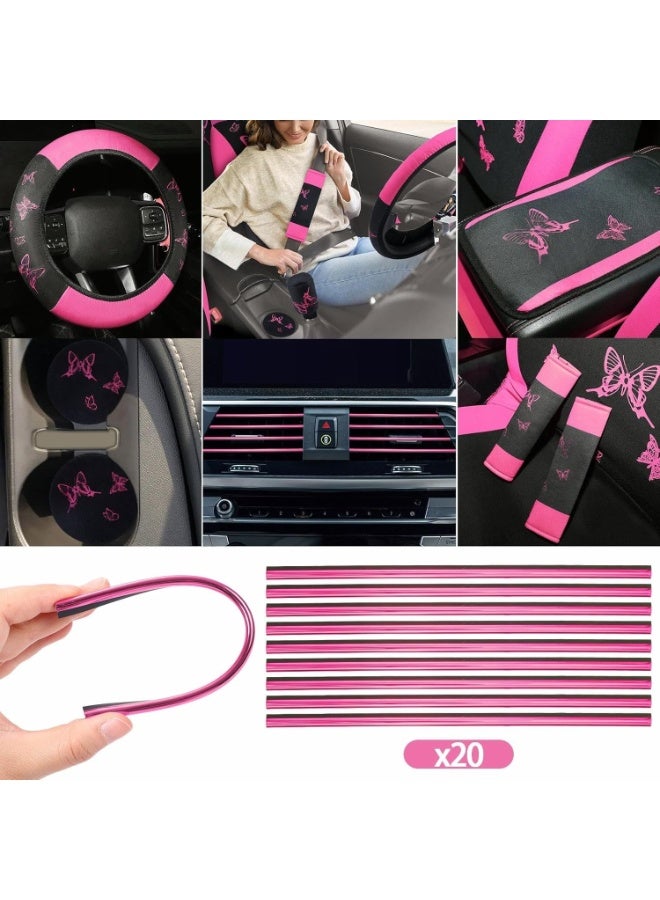 41Pcs Butterfly Car Seat Full Set Butterfly Car Accessories for Women 5 Front Rear Seat Covers Wrist Strap 2 Pcs Cup Mat Armrest Pad 2 Belt Cover Accessories for SUV (Pink) - Image 4