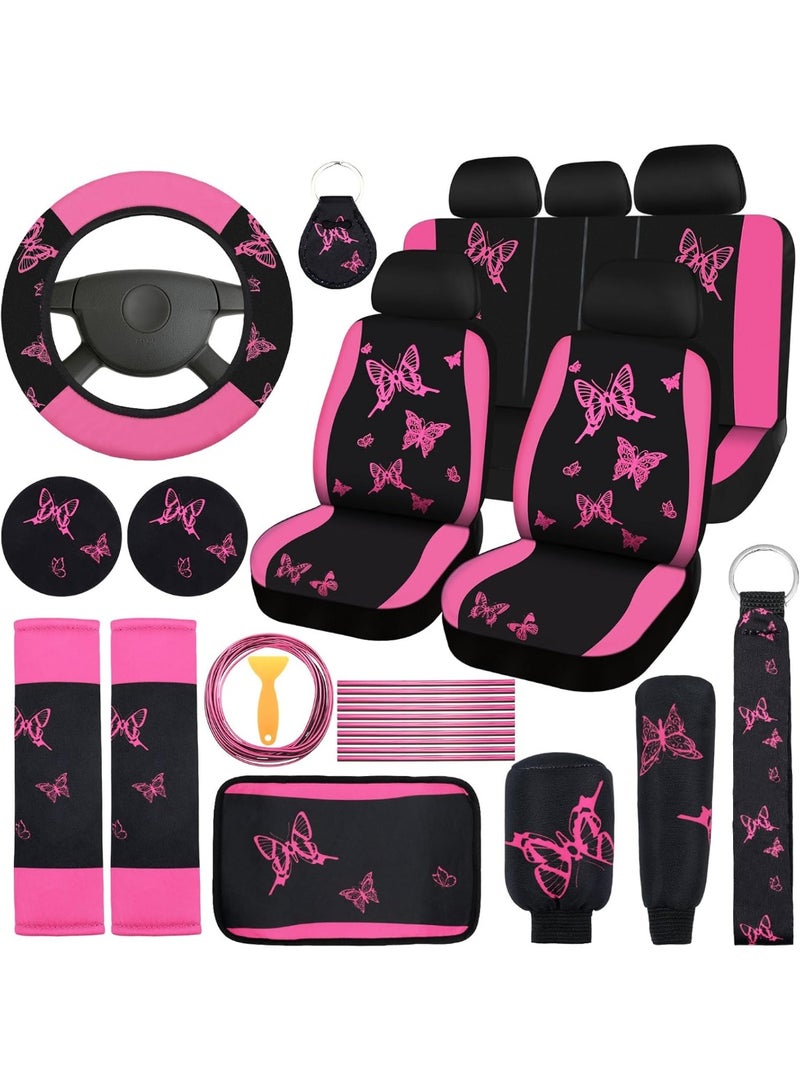 41Pcs Butterfly Car Seat Full Set Butterfly Car Accessories for Women 5 Front Rear Seat Covers Wrist Strap 2 Pcs Cup Mat Armrest Pad 2 Belt Cover Accessories for SUV (Pink) - Image 1
