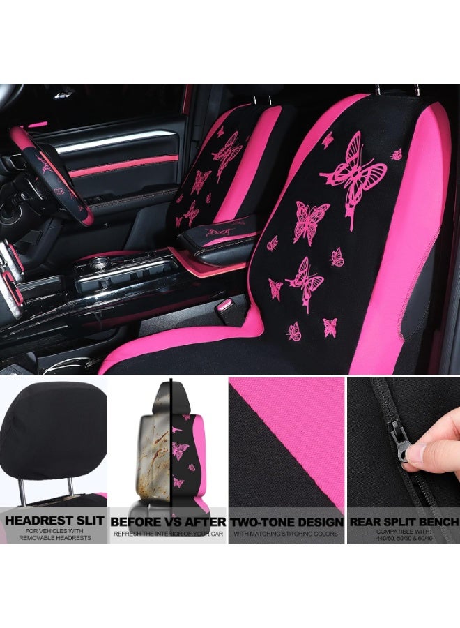 41Pcs Butterfly Car Seat Full Set Butterfly Car Accessories for Women 5 Front Rear Seat Covers Wrist Strap 2 Pcs Cup Mat Armrest Pad 2 Belt Cover Accessories for SUV (Pink) - Image 3