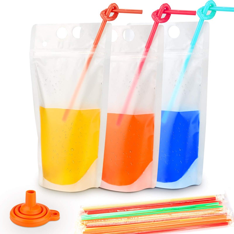 Yamgqus 100PCs Drink Pouches with 100PCS Individual Wrapped Straws Yamgqus Freezable Juice Pouches DIY Reclosable Zipper Drink Bags for Adults and Kids Silicone Funnel Included  17oz 100 Pack - Image 3