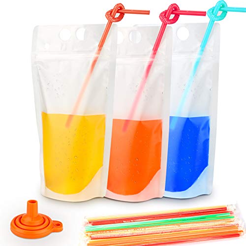 Yamgqus 100PCs Drink Pouches with 100PCS Individual Wrapped Straws Yamgqus Freezable Juice Pouches DIY Reclosable Zipper Drink Bags for Adults and Kids Silicone Funnel Included  17oz 100 Pack - Image 1