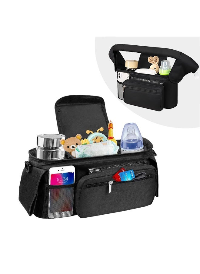 Universal Stroller Bag, Baby Stroller Accessories Storage Organizer with 2 Insulated Cup Holders Detachable Phone Bag & Shoulder Strap for Milk Bottle Diaper Mobile Phone & Snacks (Black)  - Image 1