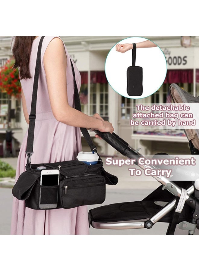 Universal Stroller Bag, Baby Stroller Accessories Storage Organizer with 2 Insulated Cup Holders Detachable Phone Bag & Shoulder Strap for Milk Bottle Diaper Mobile Phone & Snacks (Black)  - Image 5