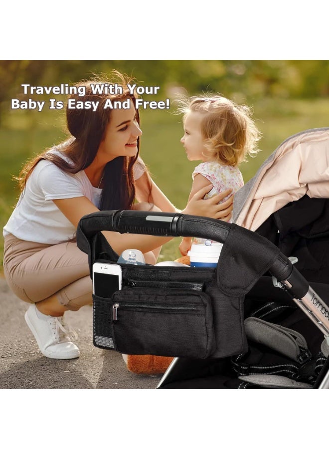Universal Stroller Bag, Baby Stroller Accessories Storage Organizer with 2 Insulated Cup Holders Detachable Phone Bag & Shoulder Strap for Milk Bottle Diaper Mobile Phone & Snacks (Black)  - Image 3