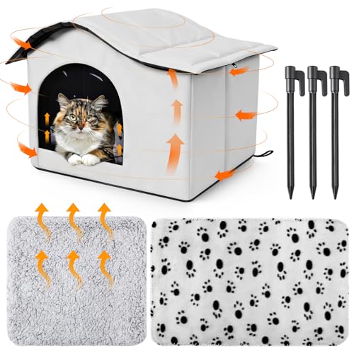 SilTriangle Self Heating Outdoor Cat House Weatherproof Insulated Stray Pet Feral Cat House Outdoor for Winter Collapsible Cats Shelter with Self Warming Mat Blanket and Tent Stakes for Feral Cats Dog - Image 1