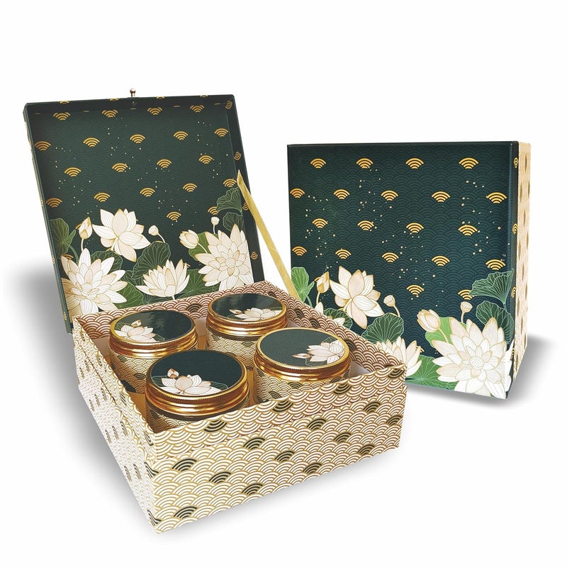 VESTTA -ELEGANCE REDEFINED VESTTA ELEGANCE REDEFINED Cardboard Gift Box 9L X 9B X 35H Inch Lotus Floral Gold Foiling Designer Box With 4 Empty Jars For DiwaliWeddingsChristmasCorporate GiftsGift Hampers1 Count 
