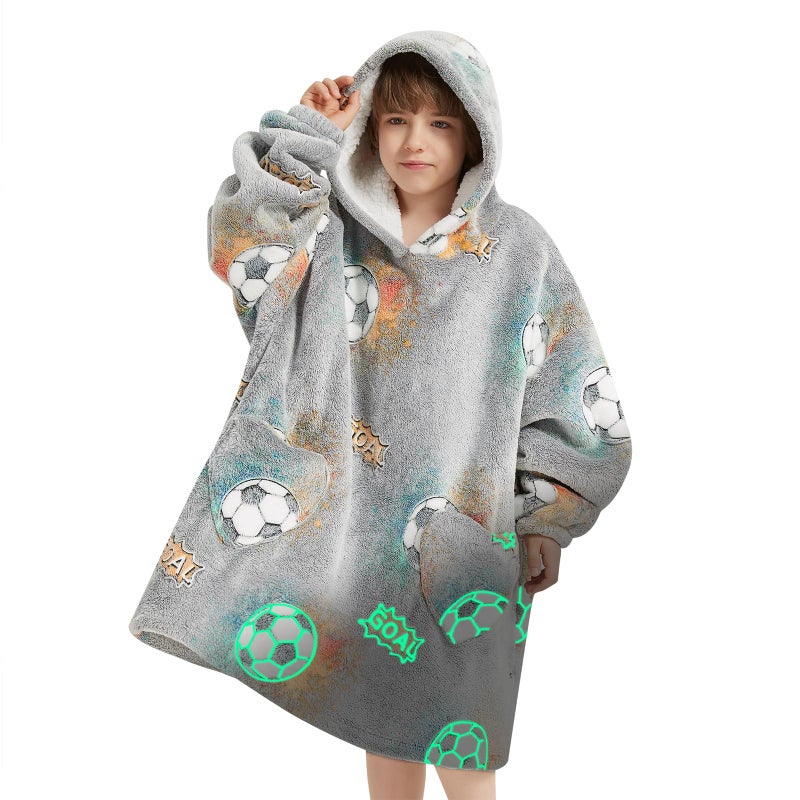 Fiosnow Glow in the Dark Football Blanket Hoodies for Kids 6-13YR Oversize Wearable Blanket Hoodies for Boys Girls Teens - Image 1