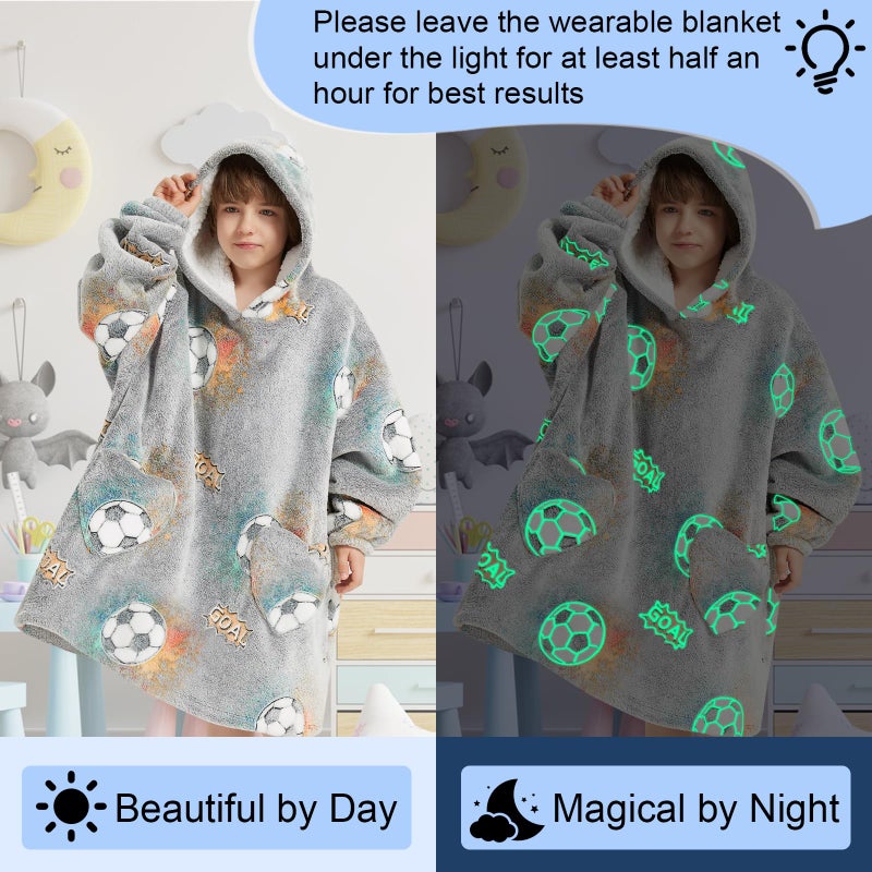 Fiosnow Glow in the Dark Football Blanket Hoodies for Kids 6-13YR Oversize Wearable Blanket Hoodies for Boys Girls Teens - Image 2
