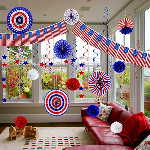 Yunfan 26Pcs 4th of July Decorations Patriotic Decor USA Flag String Red White Blue Paper Fans Star Streamer Pom Poms Hanging Swirls for Memorial Day,Fourth of July,Armed Forces Day,Flag Day - Image 4