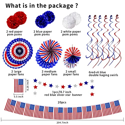 Yunfan 26Pcs 4th of July Decorations Patriotic Decor USA Flag String Red White Blue Paper Fans Star Streamer Pom Poms Hanging Swirls for Memorial Day,Fourth of July,Armed Forces Day,Flag Day - Image 3