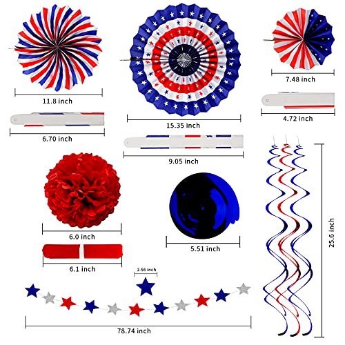 Yunfan 26Pcs 4th of July Decorations Patriotic Decor USA Flag String Red White Blue Paper Fans Star Streamer Pom Poms Hanging Swirls for Memorial Day,Fourth of July,Armed Forces Day,Flag Day - Image 2