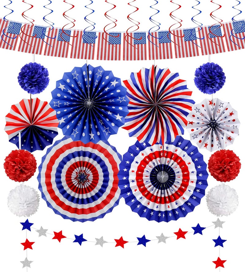 Yunfan 26Pcs 4th of July Decorations Patriotic Decor USA Flag String Red White Blue Paper Fans Star Streamer Pom Poms Hanging Swirls for Memorial Day,Fourth of July,Armed Forces Day,Flag Day - Image 1
