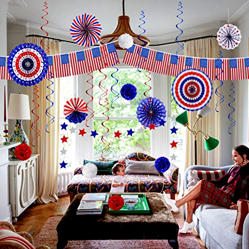 Yunfan 26Pcs 4th of July Decorations Patriotic Decor USA Flag String Red White Blue Paper Fans Star Streamer Pom Poms Hanging Swirls for Memorial Day,Fourth of July,Armed Forces Day,Flag Day - Image 5