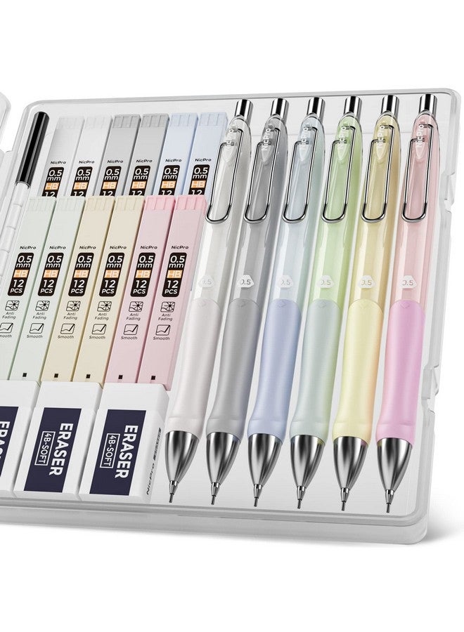 Nicpro 6Pcs Pastel Mechanical Pencil Set 0.5 Mm Cute Mechanical Pencils With Comfort Grip With 12 Tubes Hb Lead Refill 3 Eraser 9 Eraser Refills For Student Writing Drawing Sketching With Case - Image 1