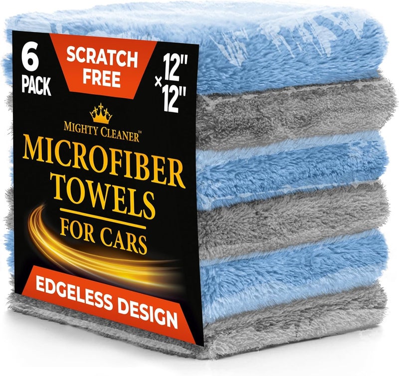 Mighty Cleaner Edgeless Microfiber Towels for Cars – 6pk (12”x12”) - 540 GSM - Super Soft Detailing & Buffing – Scratch-Free & Absorbent Microfiber Cleaning Cloths for Car Polishing - Image 1