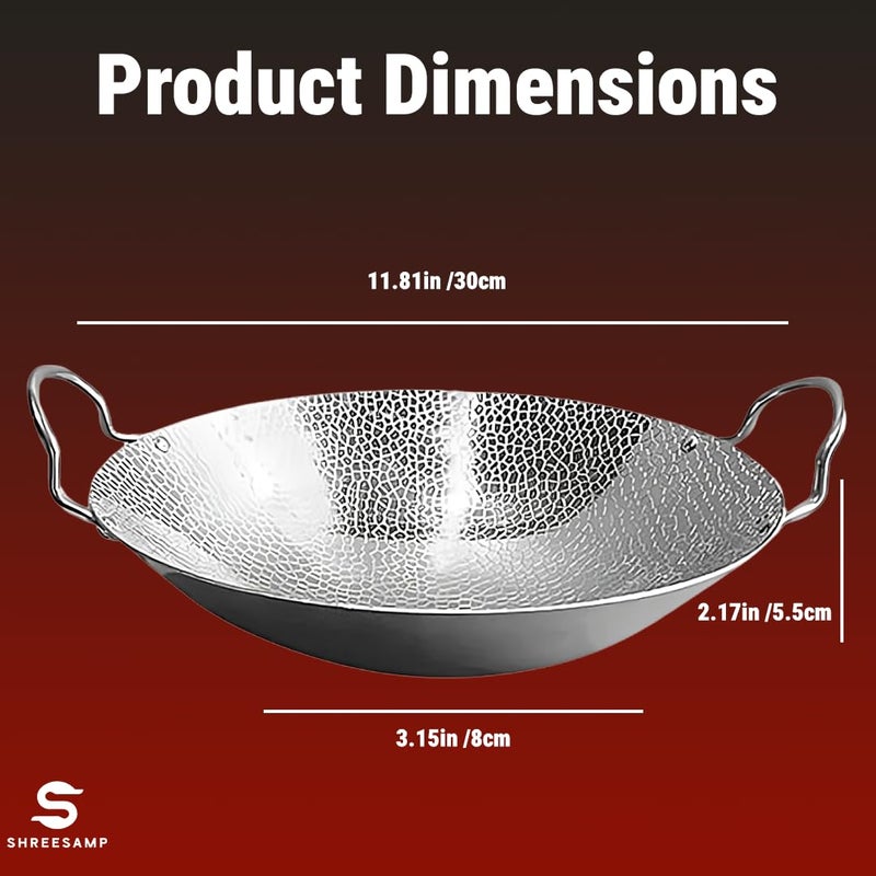 SHREESAMP SHREESAMP Stainless Steel Hammered Wok, Round Bottom Kadai with Handles, Deep Frying Pan for Stir Fry, Boiling & Steaming, Cookware, Wide-Shallow kadai, Versatile Cookware for Gas & Induction Stoves  - Image 2