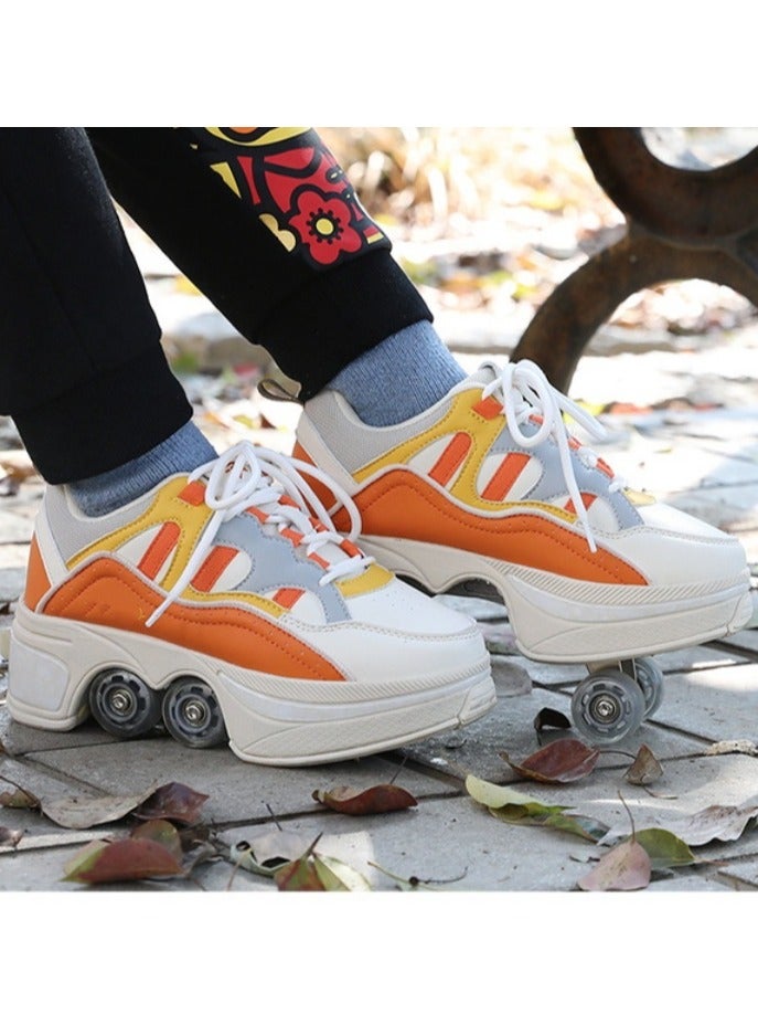 Loquat Four-Wheel Walking Shoes Can Be Retractable Deformation Shoes Rotary Buckle Roller Skates Orange - Image 1