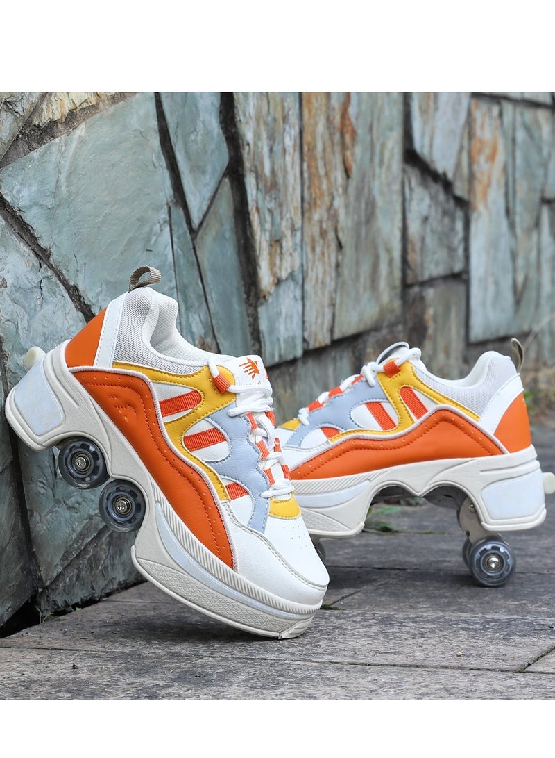 Loquat Four-Wheel Walking Shoes Can Be Retractable Deformation Shoes Rotary Buckle Roller Skates Orange - Image 2