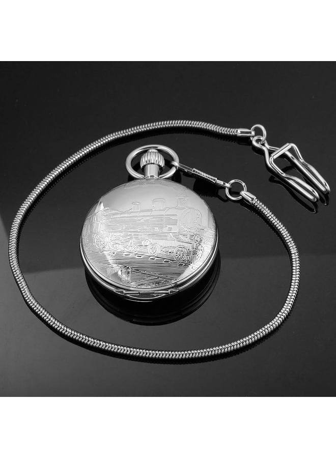 Dentily Vintage Silver Train London Design Hand Winding Mechanical Pocket Watch Mens Watches, silver3, vintage - Image 3