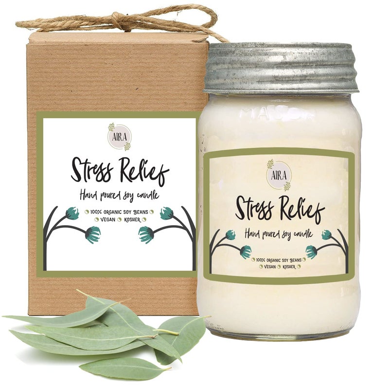 Aira Soy Candles - Organic, Kosher, Vegan, in Mason Jar w/Therapeutic Grade Essential Oil Blends - Hand-Poured 100% Soy Candle Wax - Paraffin Free, Burns 110+ Hours -Relaxing Stress Relief -16 Ounces - Image 1