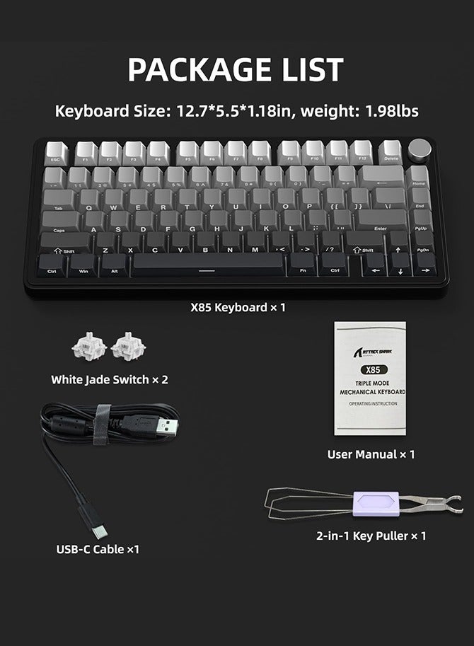 Attack Shark X85 Wireless Mechanical Keyboard,TKL 82 Keys Bluetooth 5.0/2.4GHz/USB-C Hot Swappable Custom Keyboard,Gasket Structure,Knob,RGB Backlit Gaming Keyboard for PC/Mac/PS4/Xbox-Noonlit Night-White Jade Switch - Image 4