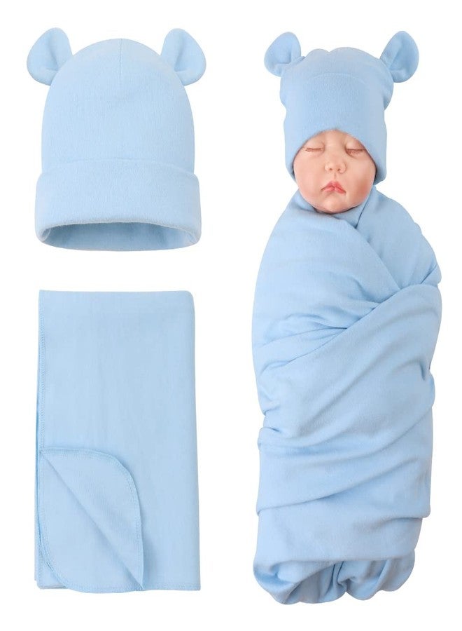 PESAAT Cotton Baby Swaddle Hat Set Preemie Hats Receiving Blankets for Baby Boys Girls (Sky Blue, 0-6 Months) - Image 1