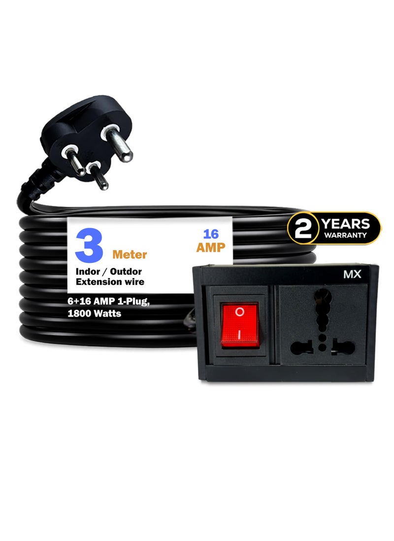 MX 3 pin Extension Cord Single Socket Heavy Duty Long Extension Power Cord 3 Meter 1800W 6a to 16a Converter Plug (0.75 Sq.mm ISI Marked) Safety Shutter 6 amp to 16 amp Extension Board - Image 1